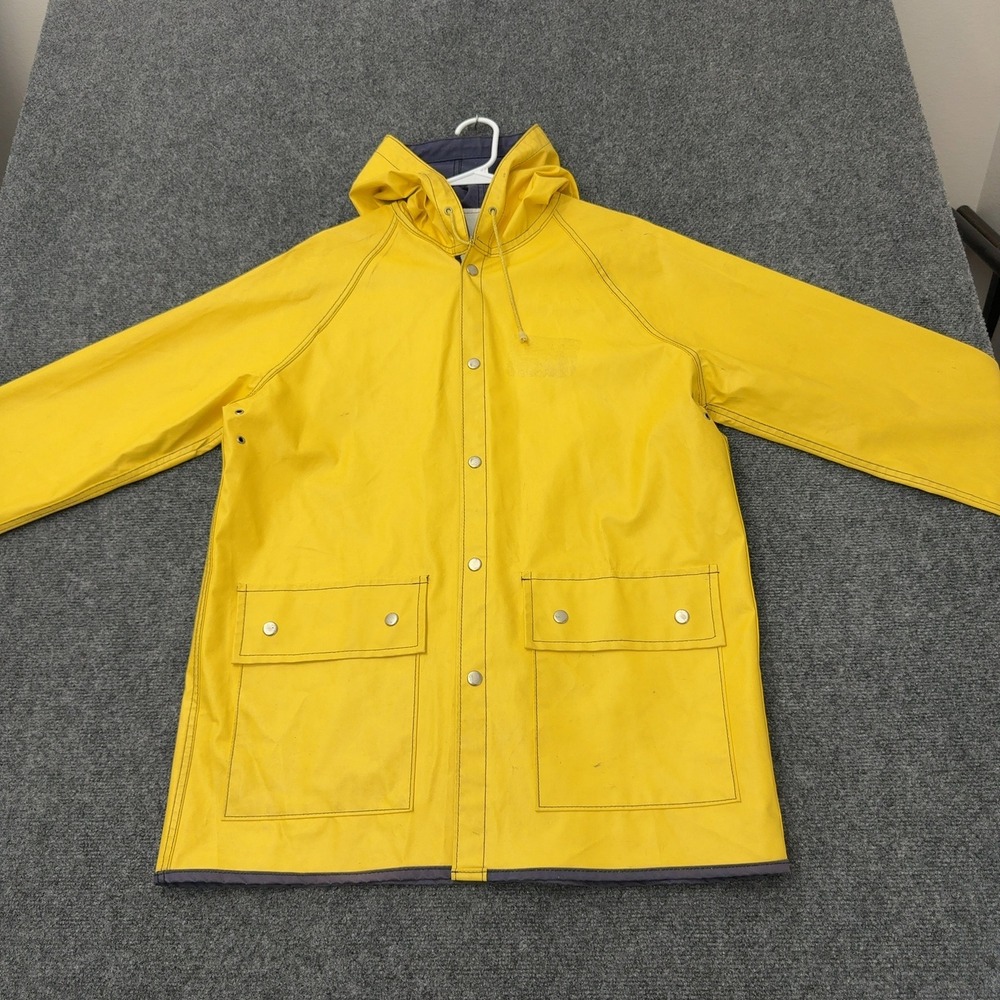 Vintage Raincoat Jacket Mens M Yellow Rubberized Hooded Snap Front Workwear Gorp